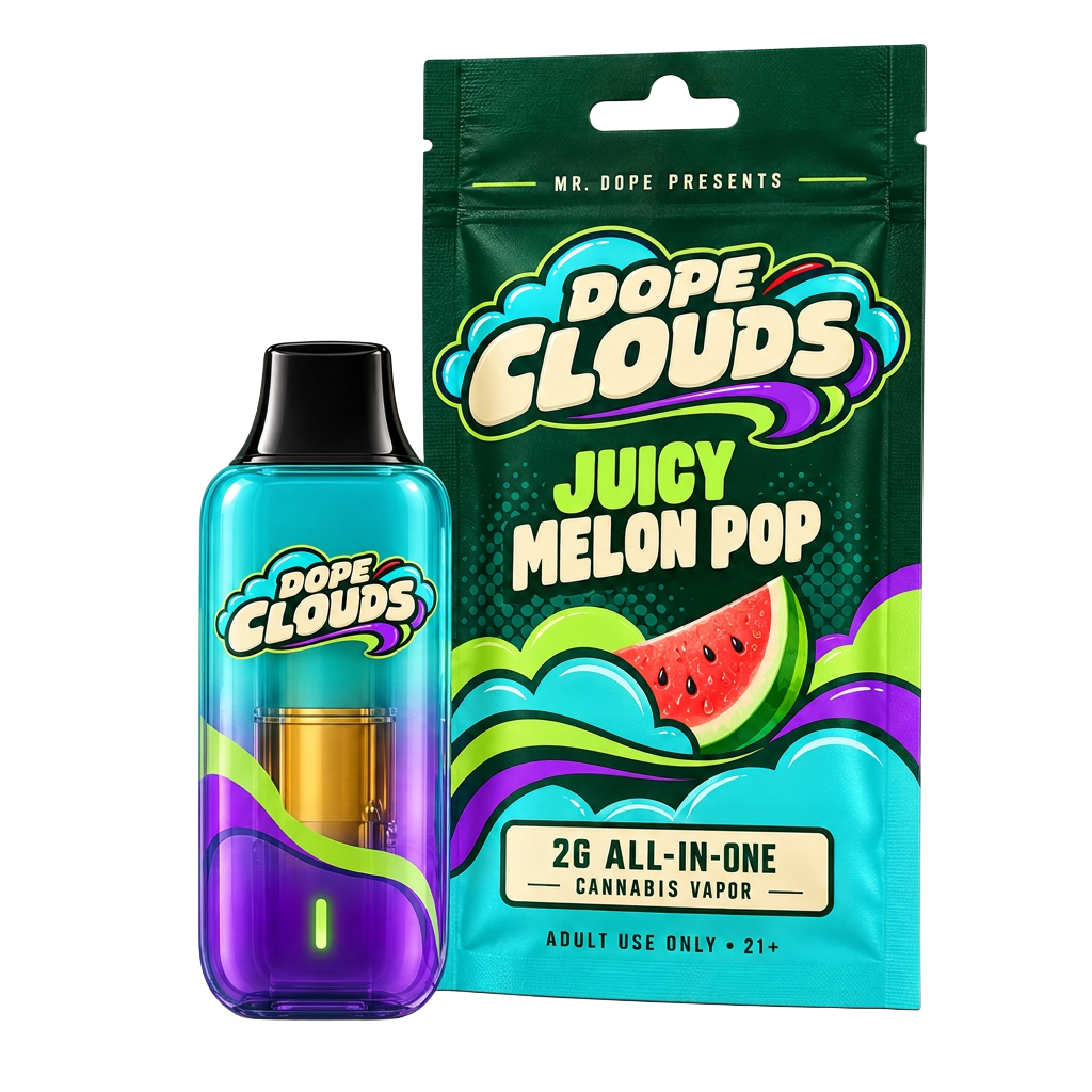 DOPE CLOUDS 2G disposable vape and Juicy Melon Pop pouch
